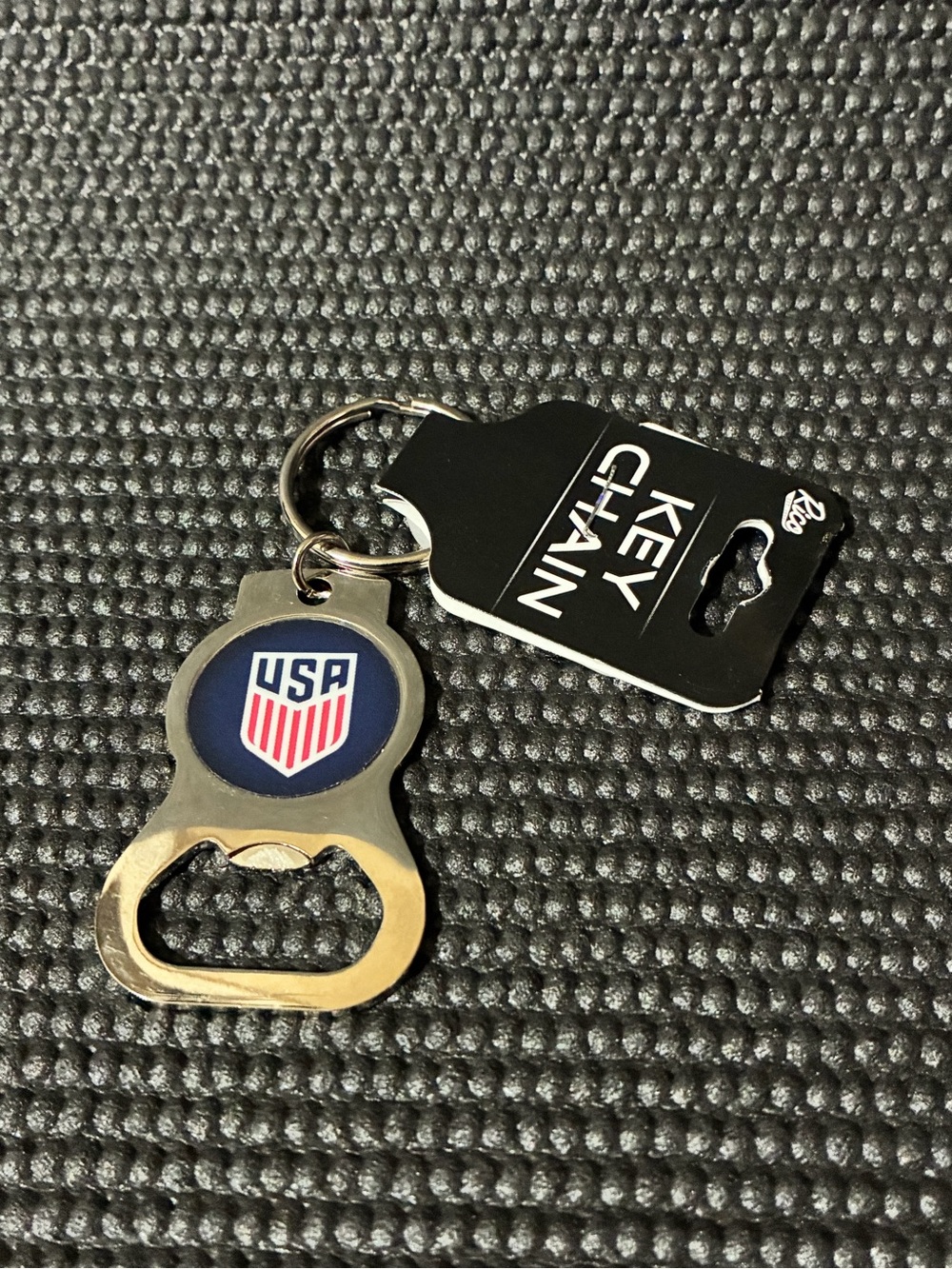USA Emblem Bottle Opener Keychain - Blue and Silver